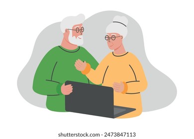 An elderly couple looks at a laptop. Elderly people and technology concept. Positive mature senior couple using laptop and studying computer together, studying online technology together, vector