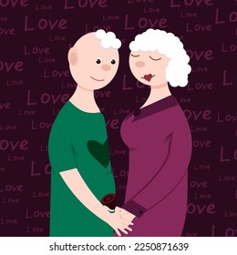 An elderly couple in love. A grandmother and a stylish grandfather holding hands on a viva magenta background with inscription love. Valentine's Day greeting card. Valentine concept. 