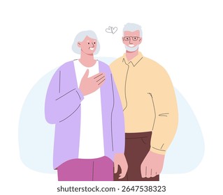 Elderly couple in love. Romantic relationship in old ages, grandparents together. Activity lifestyle on retire, flirting, meeting and dating, vector characters