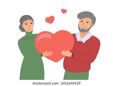 Elderly Couple in love. Senior people in romantic relationship. Retired woman and man holding big heart together. Happy mature lovers. Sweethearts flat vector illustration for Valentines Day