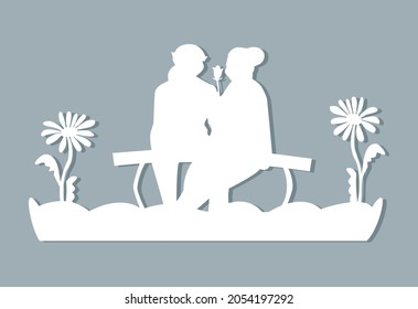 elderly couple in love sits on a bench in the garden. laser cutting. vector. eps