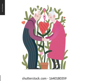 Elderly couple in love - Valentines day graphics. Modern flat vector concept illustration -an old hetoresexual couple holding their hands, a heart shaped plant between. Cute characters in love concept