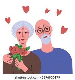 Elderly, couple, love ,vector, illustration, flat, cartoon, hand drawn, elderly woman, women, flowers , man,elderly man, background, hearts, people, human, relationships, lifestyle, holidays, celebrat