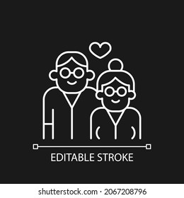 Elderly couple in love white linear icon for dark theme. Everlasting love. Growing old together. Thin line customizable illustration. Isolated vector contour symbol for night mode. Editable stroke