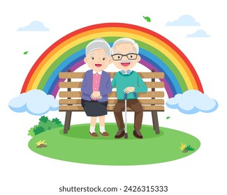 Elderly couple lovely.Grandmother and grandfather together. Grandparents. Elderly couple with love and rainbow background