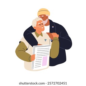 Elderly couple loves each other. Senior lovers in interracial romantic relationships hug. Old man and woman cuddle. Beloveds embrace together. Flat isolated vector illustration on white background