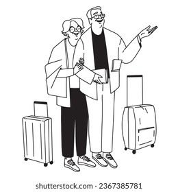 Elderly couple with luggage in the airport travelling flat minimalistic illustration