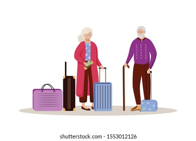 Elderly couple with luggage flat vector illustration. Getting ready for a trip. Married couple with suitcases. Going on vacation. Voyage preparation isolated cartoon character on white background