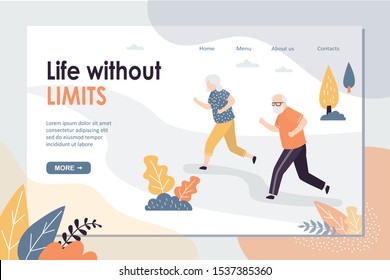 Elderly Couple Make Fitness Outdoor Location. Grandpa And Grandmother Jogging. Park Workout. Athletic Elderly Concept Landing Page Template. Vector Illustration