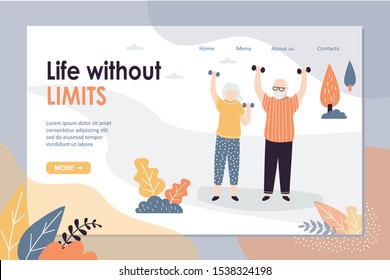 Elderly couple make fitness outdoor location. Grandpa and Grandmother stand with dumbbells. Park workout landing page template. Athletic Elderly concept web banner. Vector illustration