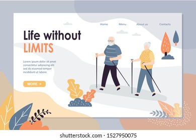Elderly couple making nordic walking. Scandinavian walking in park landing page template. Sport active seniors. Webpage banner. Trendy style vector illustration