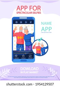 Elderly couple making selfie and editing photo. App for spectacular selfies concept poster