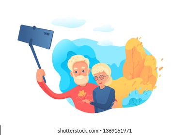 Elderly couple making selfie vector illustration. Bearded old man holding selfie stick. Grandparent taking pictures. Modern senior couple. New technologies banner, poster design element