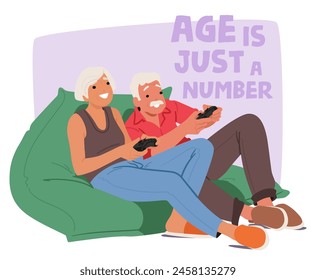 Elderly Couple Male and Female Characters Enjoying A Video Game like Kids, Smiling, Relaxed In A Beanbag. Modern Take On Leisure And Companionship In Later Life. Cartoon People Vector Illustration