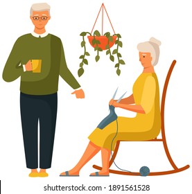 Elderly couple, man with cup and woman is knitting a scarf sitting on the chair isolated on white. Person works with threads. Female character is on rocking chair with knitting needles in hands