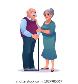 Elderly couple man with stick and pretty mature woman in dress isolated. Vector mature caucasian male and female, people on retirement, grandfather and grandmother in love. Romantic pensioners