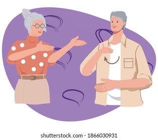 elderly couple, man and woman, communicate in sign language, deaf people talk by gesturing, vector flat illustration, concept