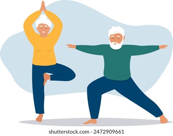 An elderly couple of a man and a woman does yoga, exercises, and leads an active life. Vector flat graphics.