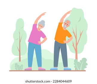 Elderly couple of man and woman doing exercises. Senior people active healthy lifestyle concept. Vector cartoon or flat illustration.