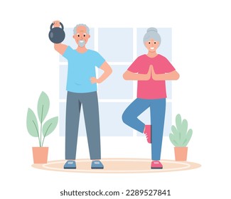 Elderly couple of man and woman doing exercises at home. Senior people active healthy lifestyle concept. Vector cartoon or flat illustration.