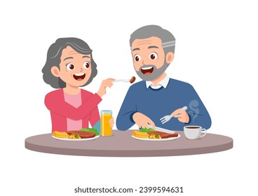 pareja de ancianos hombres y mujeres comen carne juntos