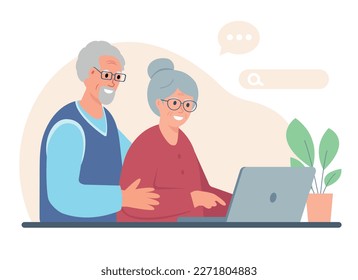 Elderly couple of man and woman with laptop. Senior retired people using computer for communication, chatting in social media and online education. Vector illustration.