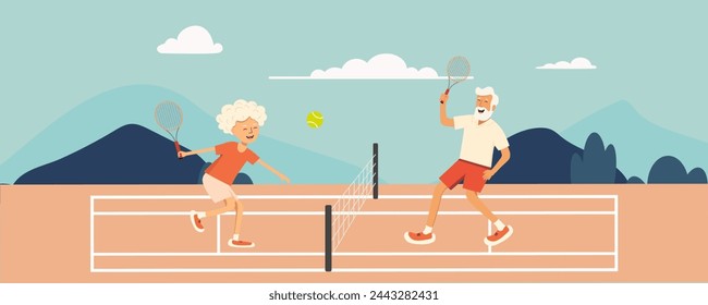 Una pareja de ancianos, un hombre y una mujer, están jugando al tenis. Longevidad activa.
