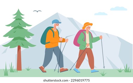 Ancianos, pareja de hombres y mujeres caminando, haciendo senderismo o viajando por las montañas. Las personas mayores desarrollan un concepto de estilo de vida saludable. Dibujo vectorial o ilustración plana.