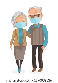 Elderly Couple Mask  For Prevent The Spread Covid. Full Body Of Elderly Couple.