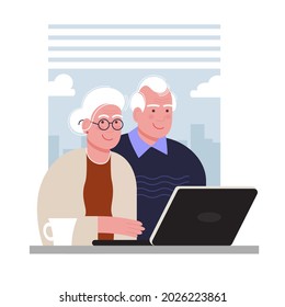 an elderly couple is mastering a computer together. grandma and grandpa spend time on a laptop and communicate. flat drawing in the cartoon style. stock vector illustration. EPS 10.