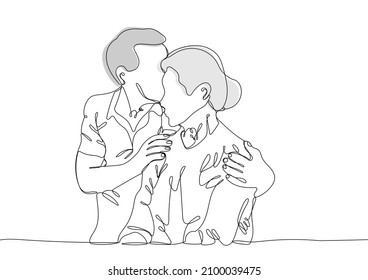 Elderly couple. Mature man and woman stand together and hug each other. One continuous line drawing. Vector illustration