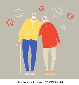 Elderly couple in medical masks. Coronavirus protection. Caring for grandfather and grandmother. Stop the pandemic COVID-19. Vector illustration in flat design. 