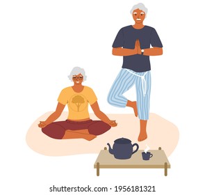 Elderly couple meditating and doing yoga at home, flat vector illustration. Sport, fitness exercises for seniors. Active healthy lifestyle, home leisure activities.