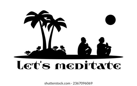“SHOTLISTS3niorLife”. Elderly couple meditating and exercising yoga lotus position body silhouette. Let's meditate. Palm tree,  sun. Lifestyle, peace, wellbeing, health. Black vector illustrations.