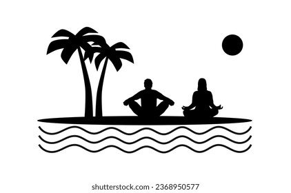 “SHOTLISTS3niorLife”. Elderly couple meditating and exercising yoga lotus position body silhouette. Palm trees, sun, sea, beach, nature. Lifestyle, peace, wellbeing, health. Black vector illustrations