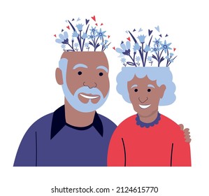 Elderly couple, mental health, flowers on the head, Positive emotional attitude in retirement, mutual support and psychology. Vector flat illustration