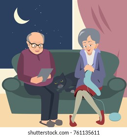 elderly couple at night in home - funny vector cartoon illustration of married life