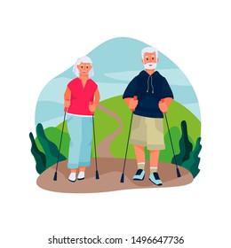 Elderly Couple Nordic Walking In The Mountains. Vector Flat Cartoon Illustration Of Spring Or Summer Outdoor Leisure. Concept Of Active Healthy Lifestyle Of Seniors.