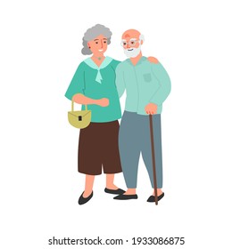 Elderly couple. Old caucasian bearded man and woman cartoon flat design illustration. Happy family. Vector picture isolated on white background.