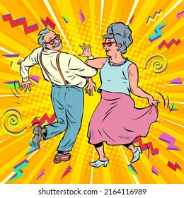 elderly couple old man and old lady dancing. pensioners rest. life style. music and art. Pop art retro vector illustration kitsch vintage 50s 60s style