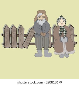 Elderly couple. Old men stand at a wooden fence. Winter clothes, sweatshirt and fur coat. Russian boots on the legs.