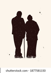 Elderly couple. Old people abstract silhouette. Night starry sky