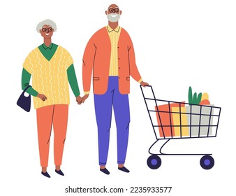 Un par de ancianos con comestibles en una canasta. Abuelos con compras en un supermercado o tienda de comestibles. Compras y ventas. Estilo plano. Vector aislado sobre fondo blanco.