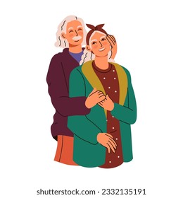 Elderly couple. Old people love. Grandparents happy family together. Beloved senior characters hugging. Grandfather and grandmother in modern casual clothes. Vector cartoon flat illustration