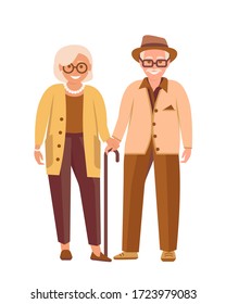 Elderly couple. Old senior people holding hands. Happy grandparents with walking stick. Two older persons. Aged man and woman spend time together. Vector illustration isolated on white  