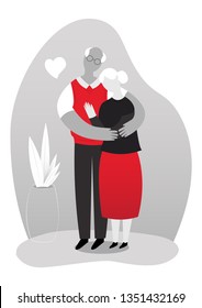 Elderly couple. Old woman and old man couple embrace affectionately. Feeling happy of grandpa and grandma retirement ag a Vector illustration.