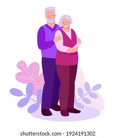 Elderly couple on a background of leaves, plants. The concept of relationships, care, support in old age. Vector illustration in flat cartoon style.