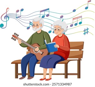 Elderly couple on bench with guitar and book