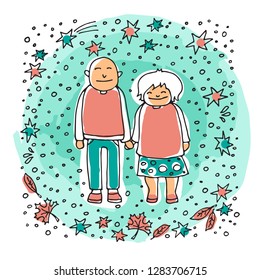 Elderly couple on blue background. Doodle style. Design element for leaflets or posters/ Grandparents Day vector illustration.