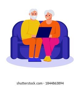Elderly couple on the couch with a laptop. Vector illustration in flat style. Isolated on white.
